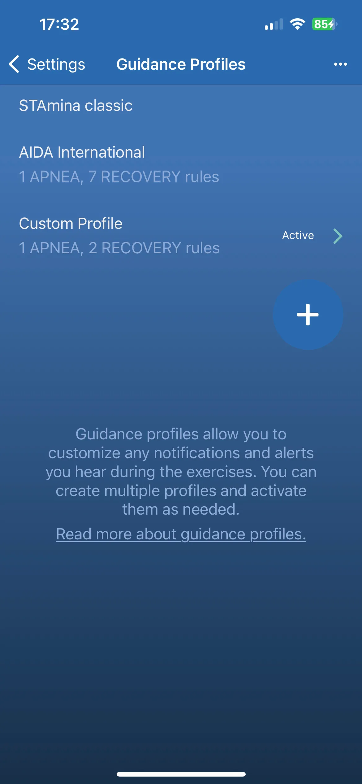 Guidance Profiles screen listing STAmina classic, AIDA International and an active custom profile