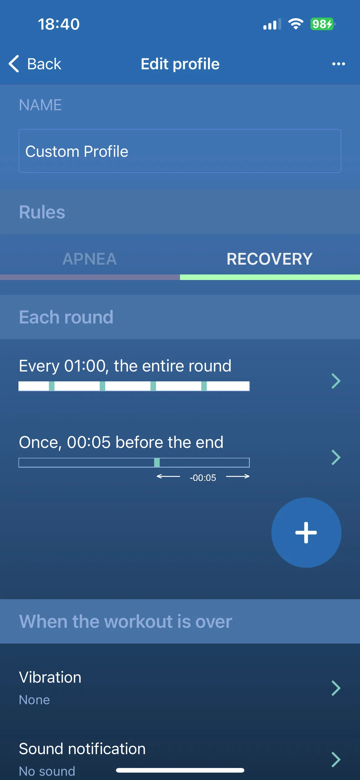 Edit profile screen with apnea and recovery rules and end-of-workout notifications