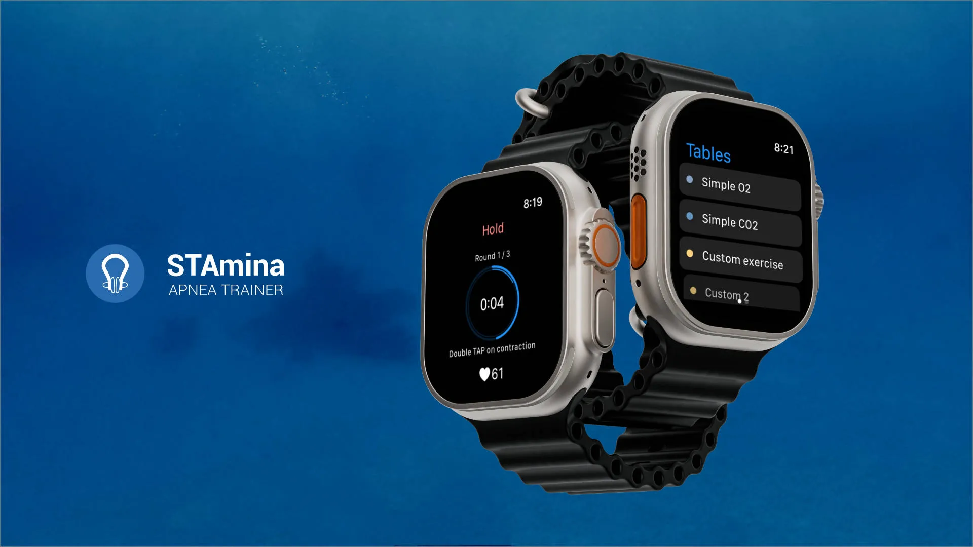 STAmina running on two Apple Watch Ultra: a hold interval with heart rate, and the list of tables