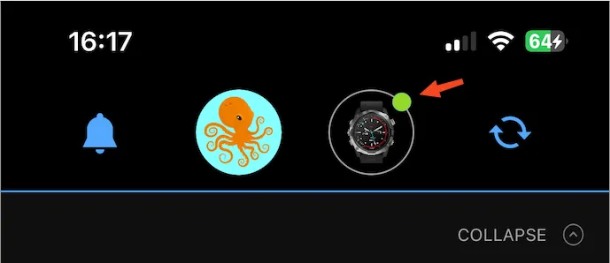Garmin Connect app header: the watch icon has a green dot, meaning the watch is connected and active