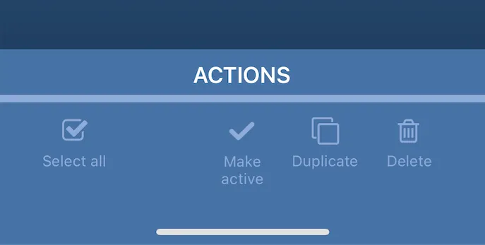 Profile actions: Select all, Make active, Duplicate and Delete