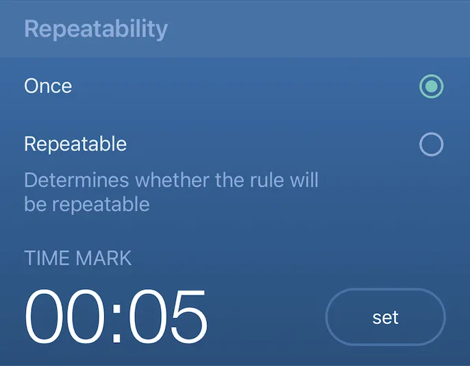Repeatability options Once and Repeatable, with a time mark of 00:05